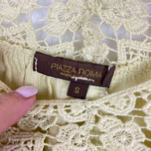 PIAZZA ROMA 100%‎ Linen Pale Yellow Tunic Crochet Details Size Small From Italy - Picture 5 of 5